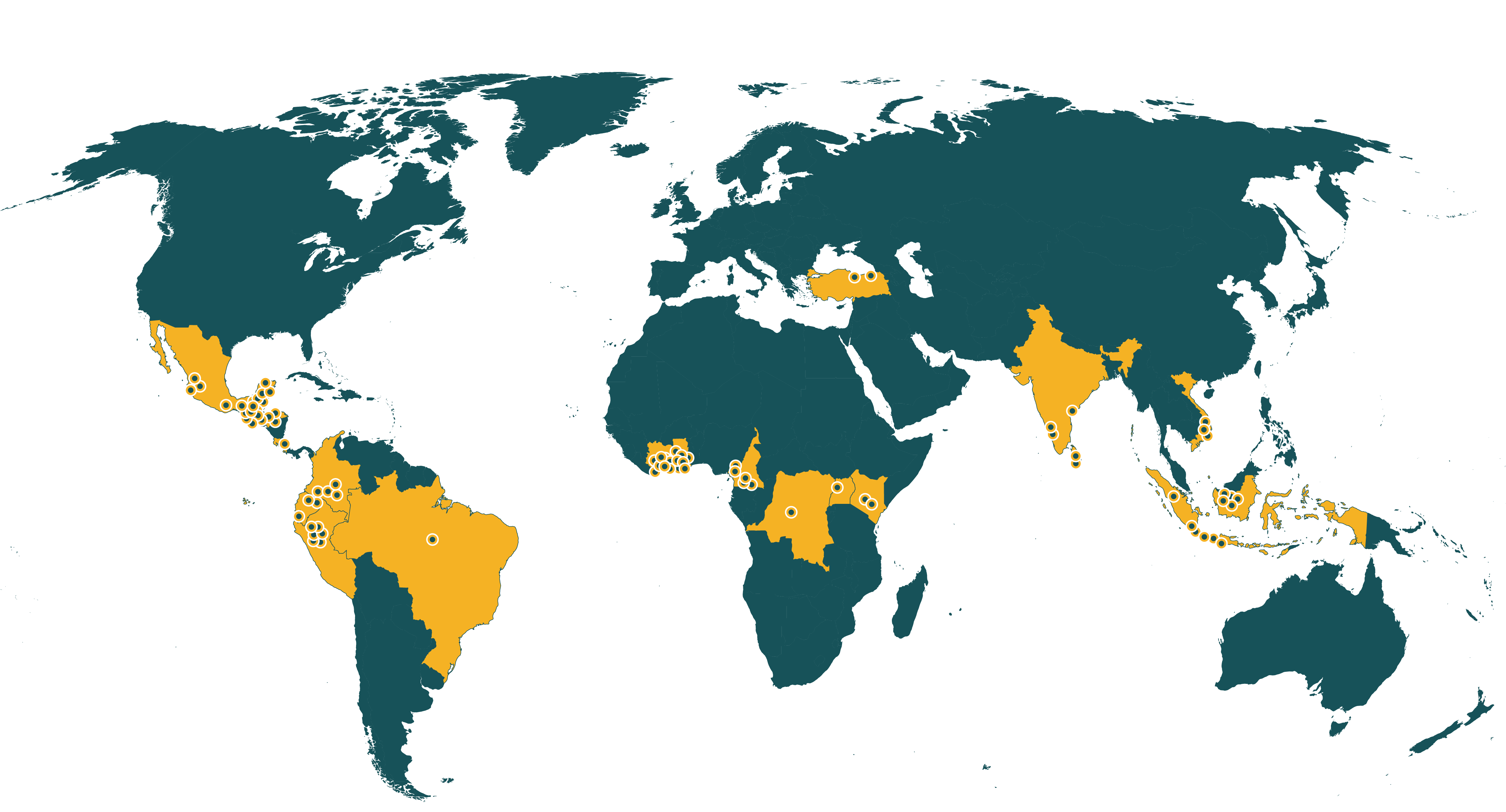 Map of current Rainforest Alliance certified landscape projects farms